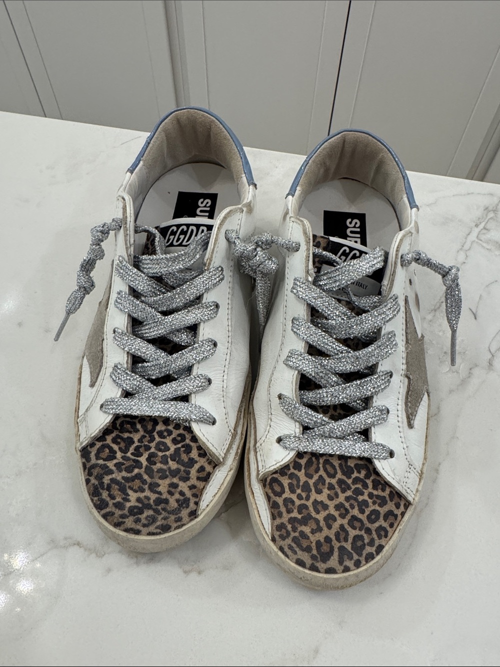 Golden Goose White Sneakers with Leopard Toe and Silver Laces